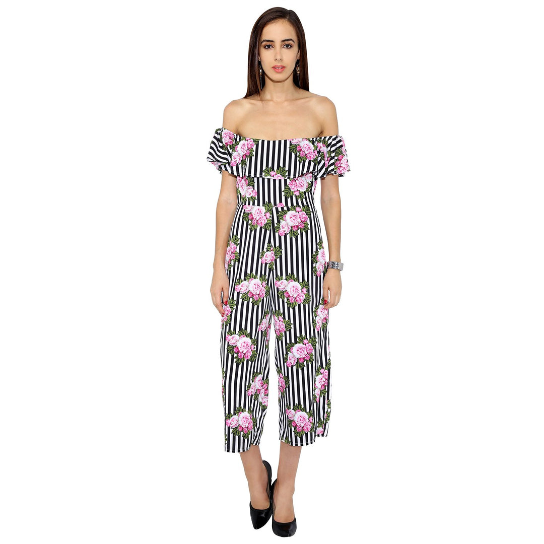 Floral And Striped Frilled Jumpsuit