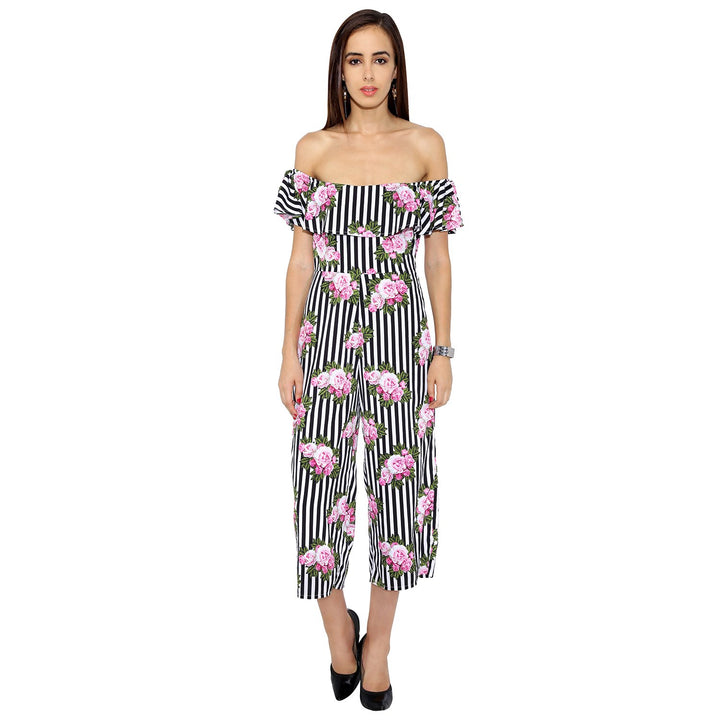 Floral And Striped Frilled Jumpsuit