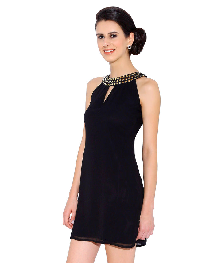Black Georgette Dress with Stones on the Neck