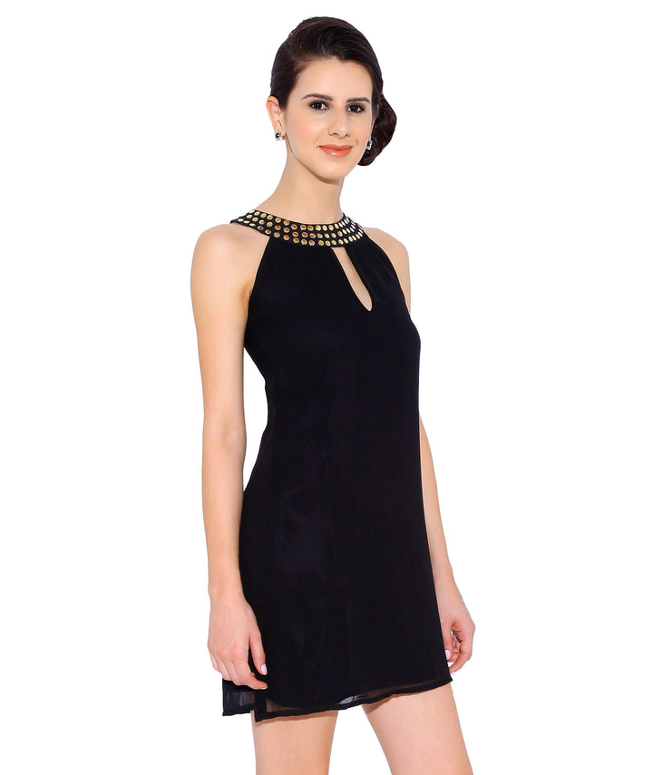 Black Georgette Dress with Stones on the Neck