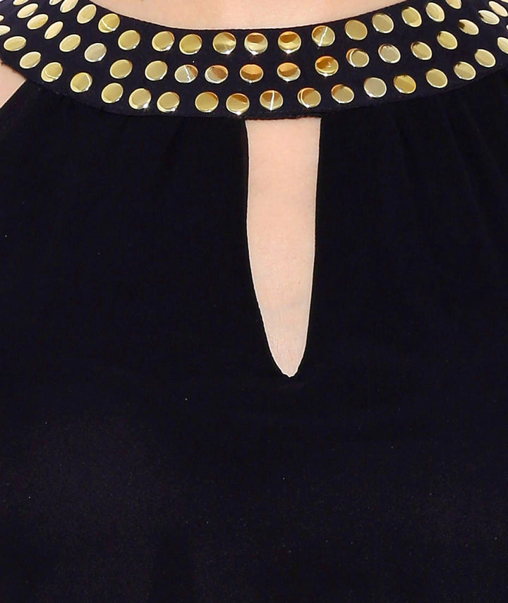 Black Georgette Dress with Stones on the Neck