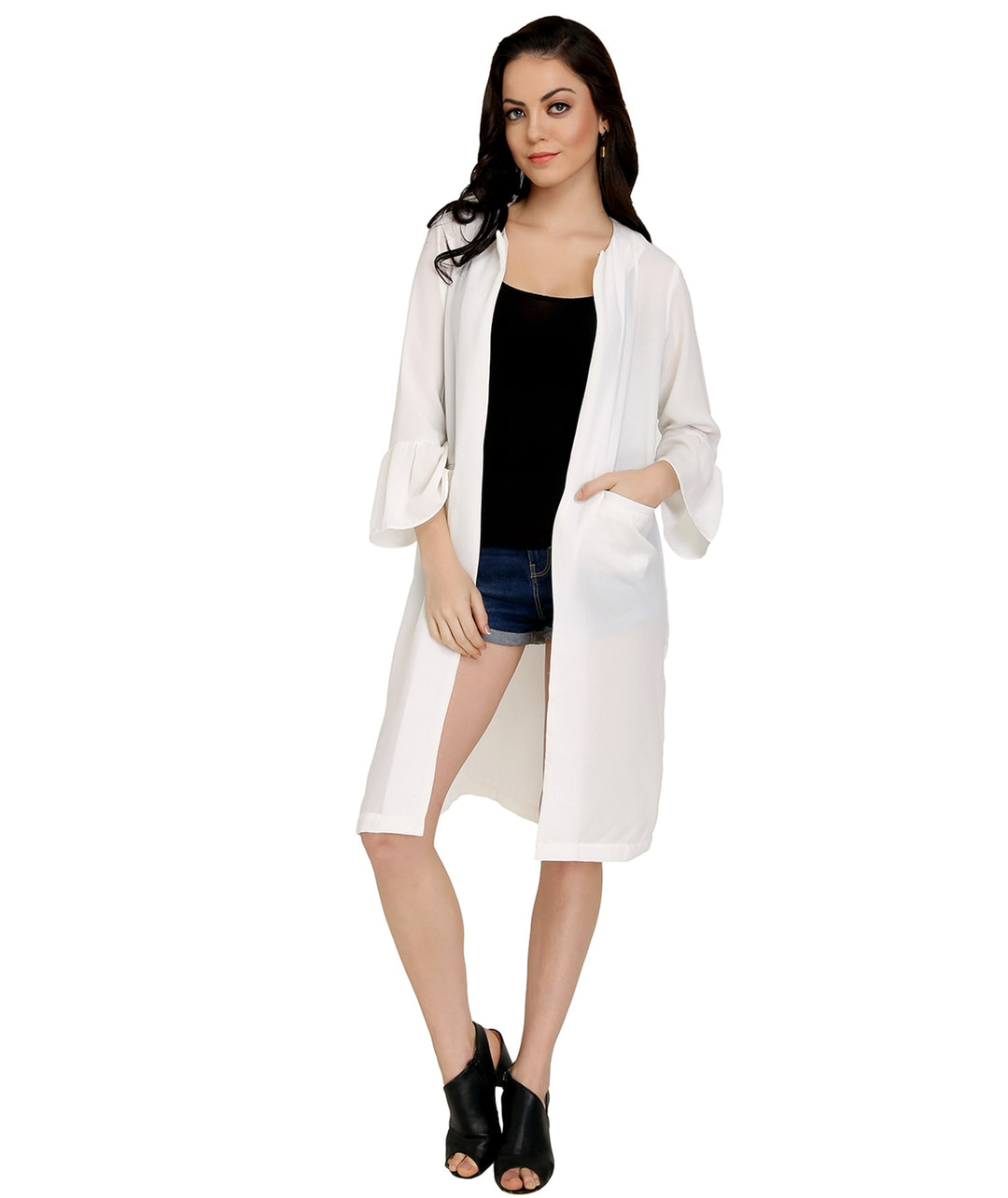 White Frilled Sleeves Long Coat
