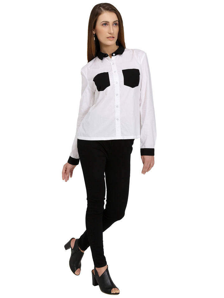 White Cotton Shirt With Black Pockets