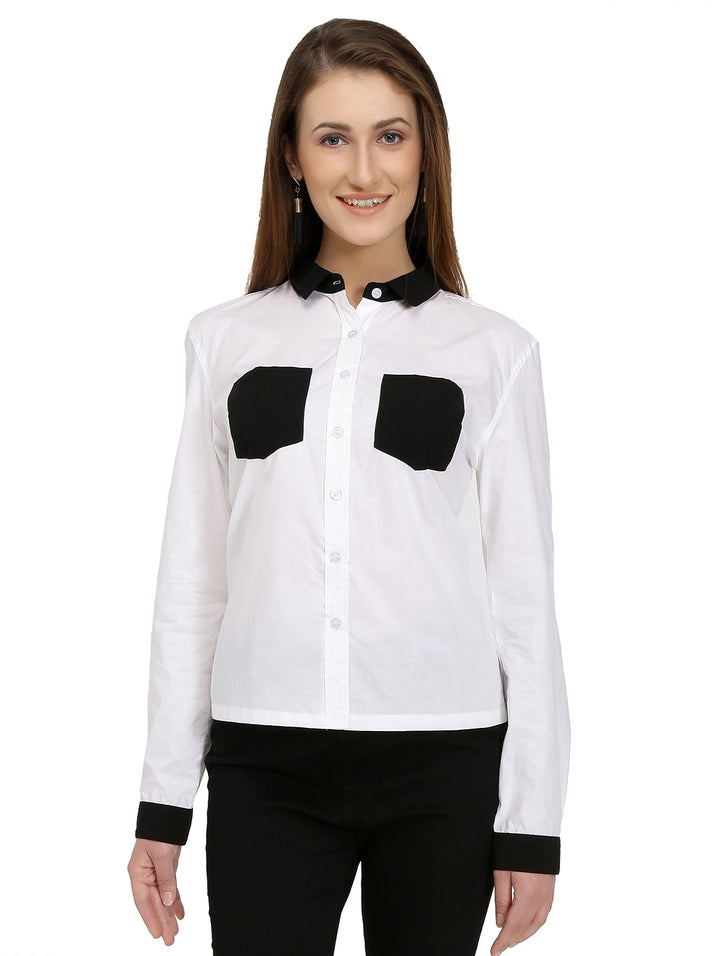 White Cotton Shirt With Black Pockets