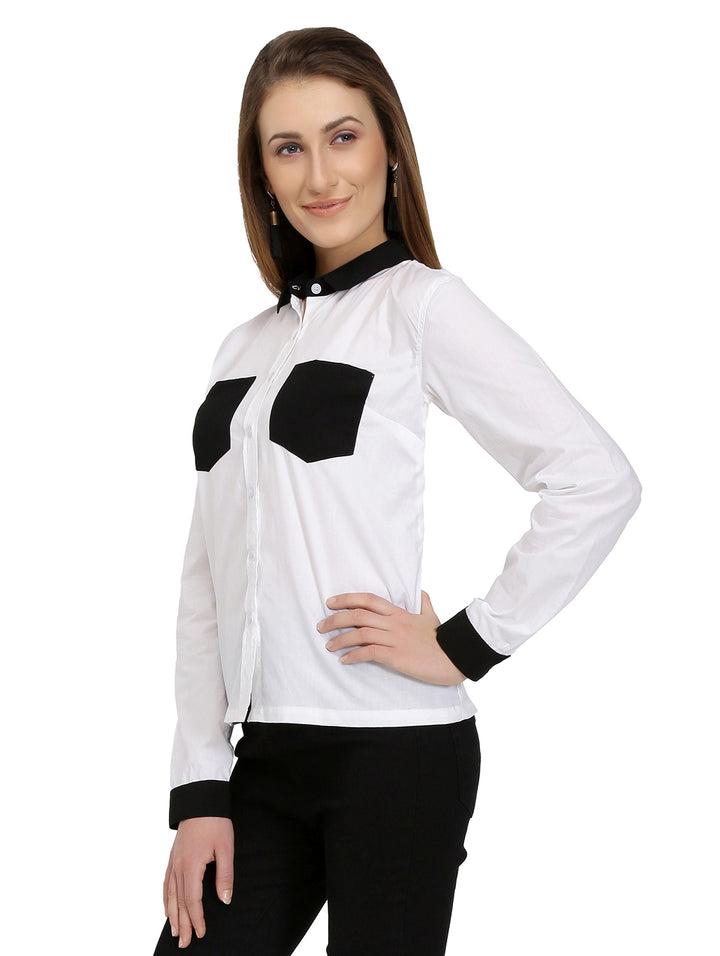 White Cotton Shirt With Black Pockets