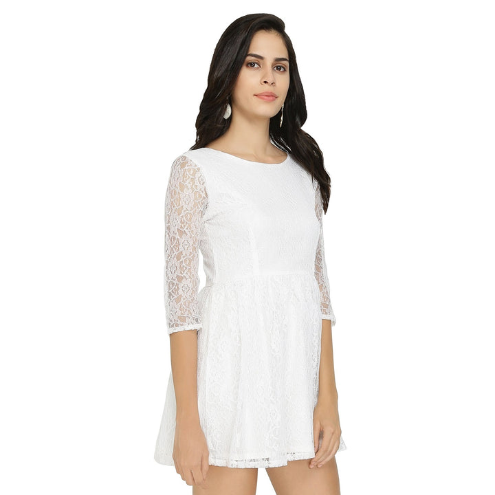 White Lace Short Gathered Dress