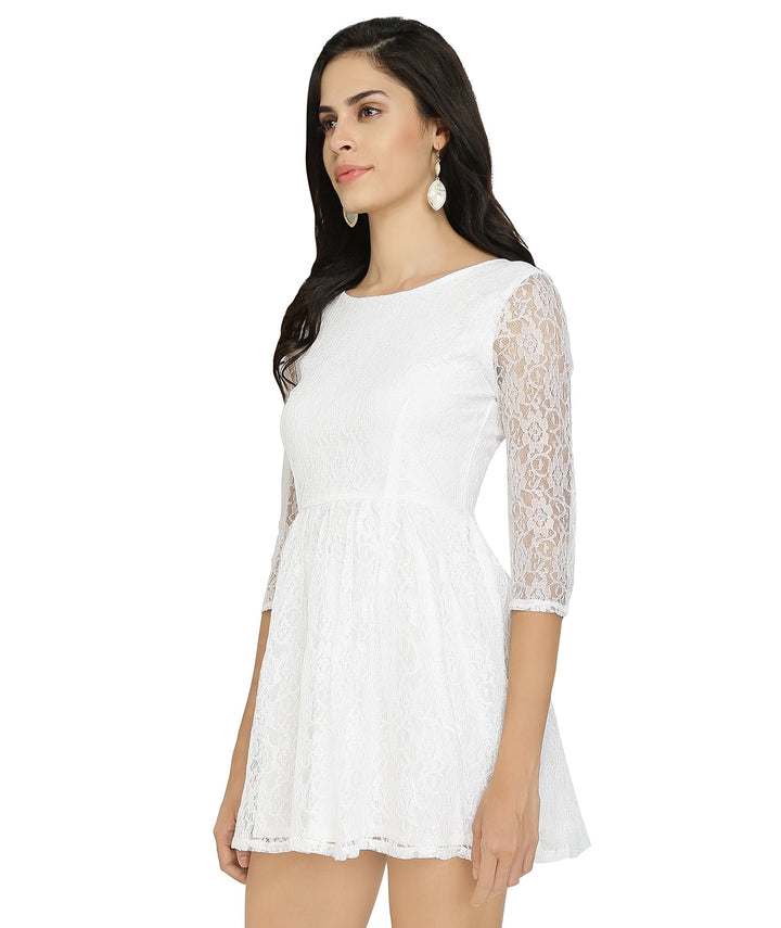White Lace Short Gathered Dress