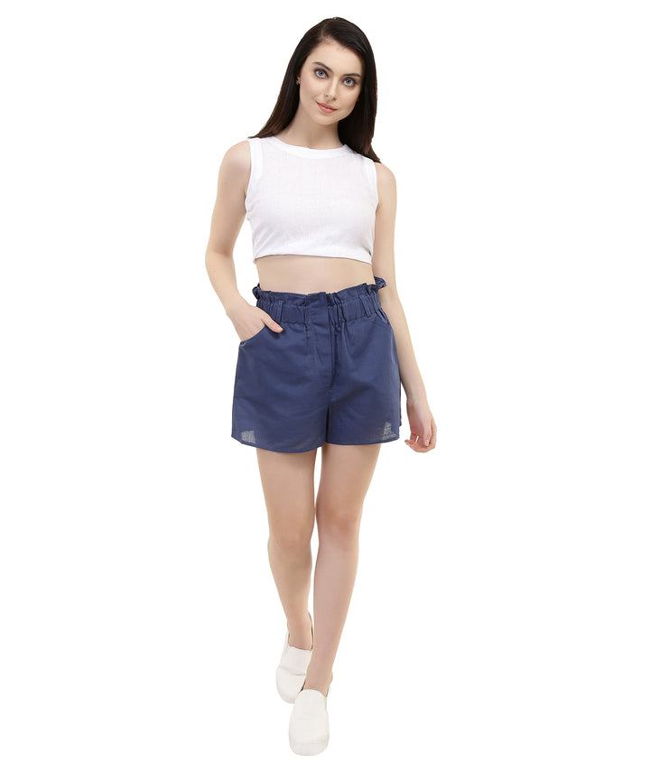 Frilled Blue Linen Shorts