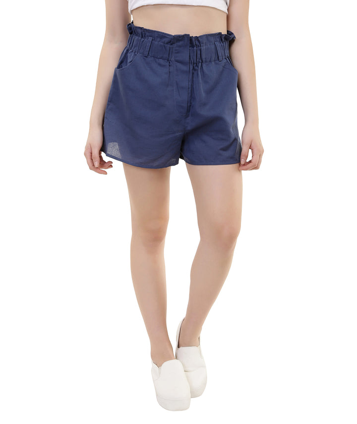 Frilled Blue Linen Shorts