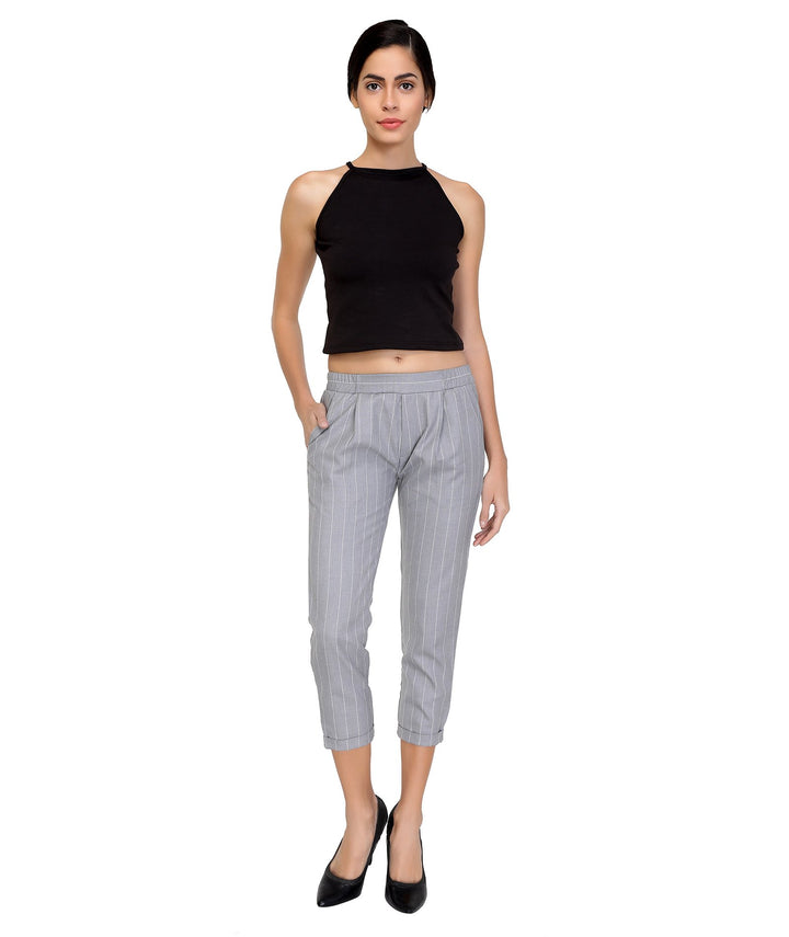 Grey Striped Cigarette Cropped Pants
