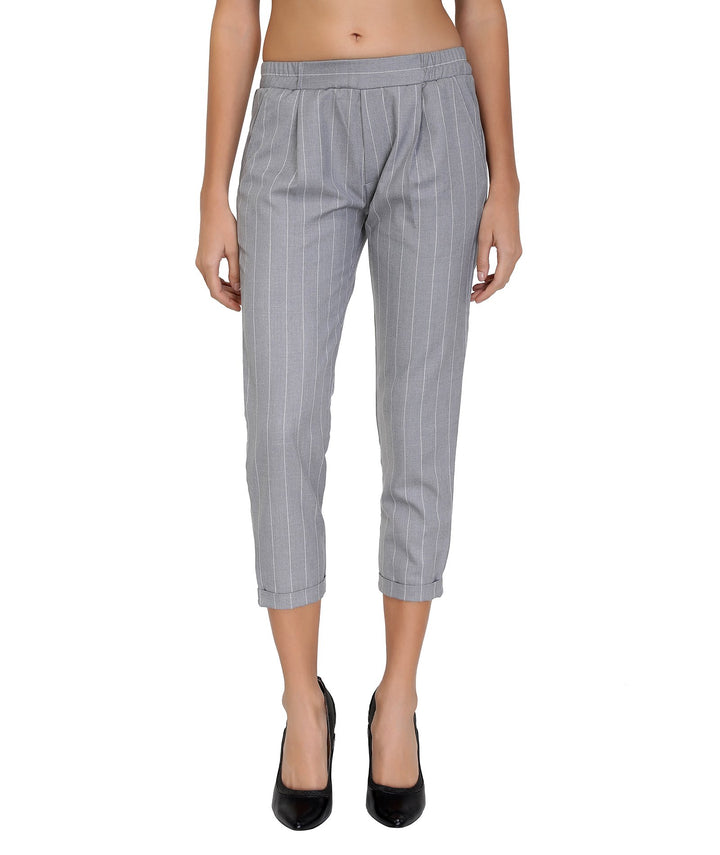 Grey Striped Cigarette Cropped Pants