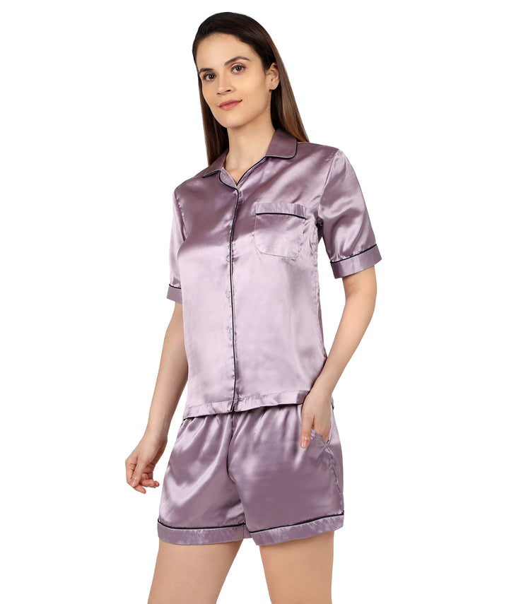 Lilac Satin Nightsuit Set