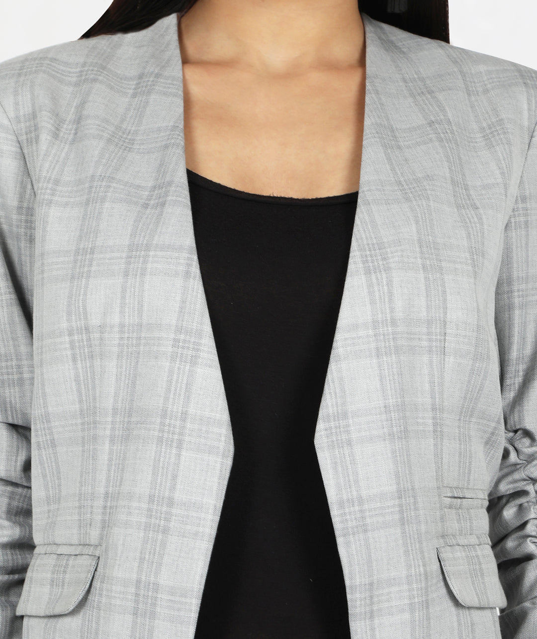 Grey Checks Wrinkled Sleeve Blazer