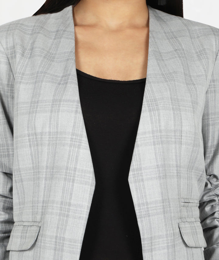 Grey Checks Wrinkled Sleeve Blazer