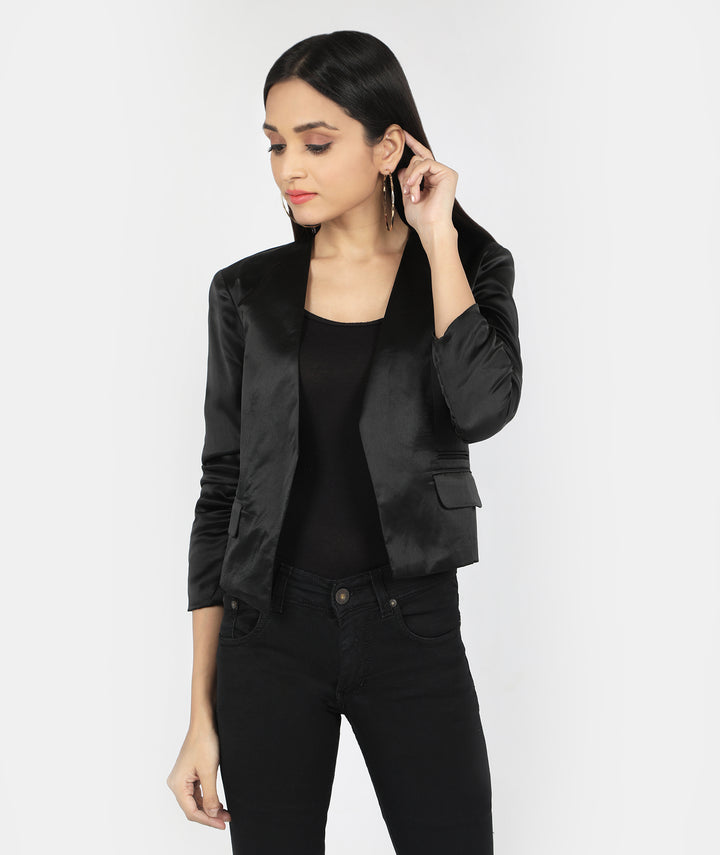 Black Satin Wrinkled Sleeve Blazer