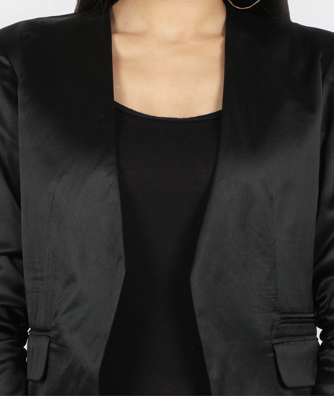 Black Satin Wrinkled Sleeve Blazer