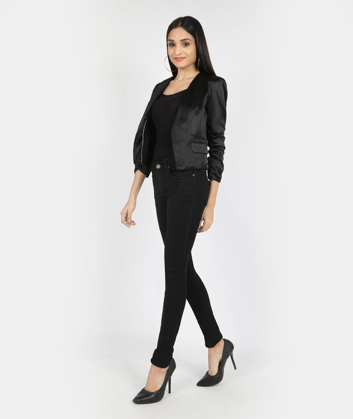 Black Satin Wrinkled Sleeve Blazer