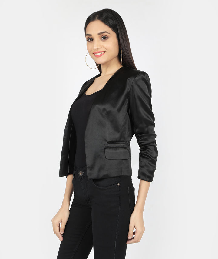 Black Satin Wrinkled Sleeve Blazer