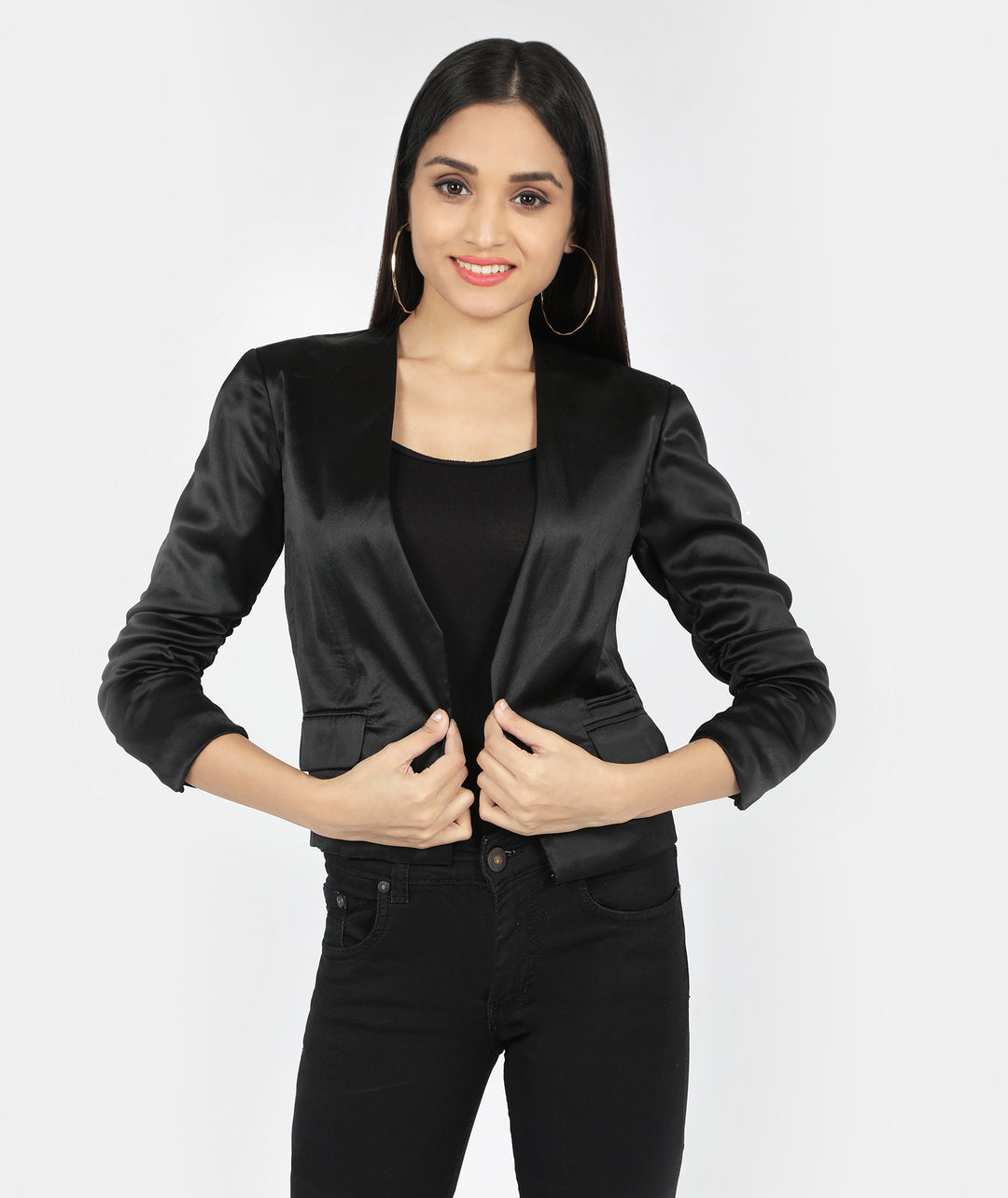 Black Satin Wrinkled Sleeve Blazer