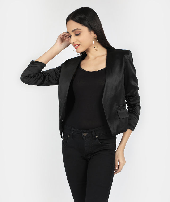 Black Satin Wrinkled Sleeve Blazer