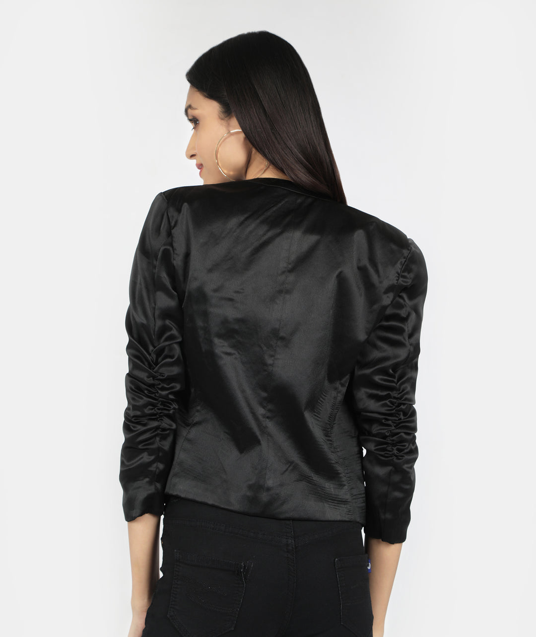 Black Satin Wrinkled Sleeve Blazer