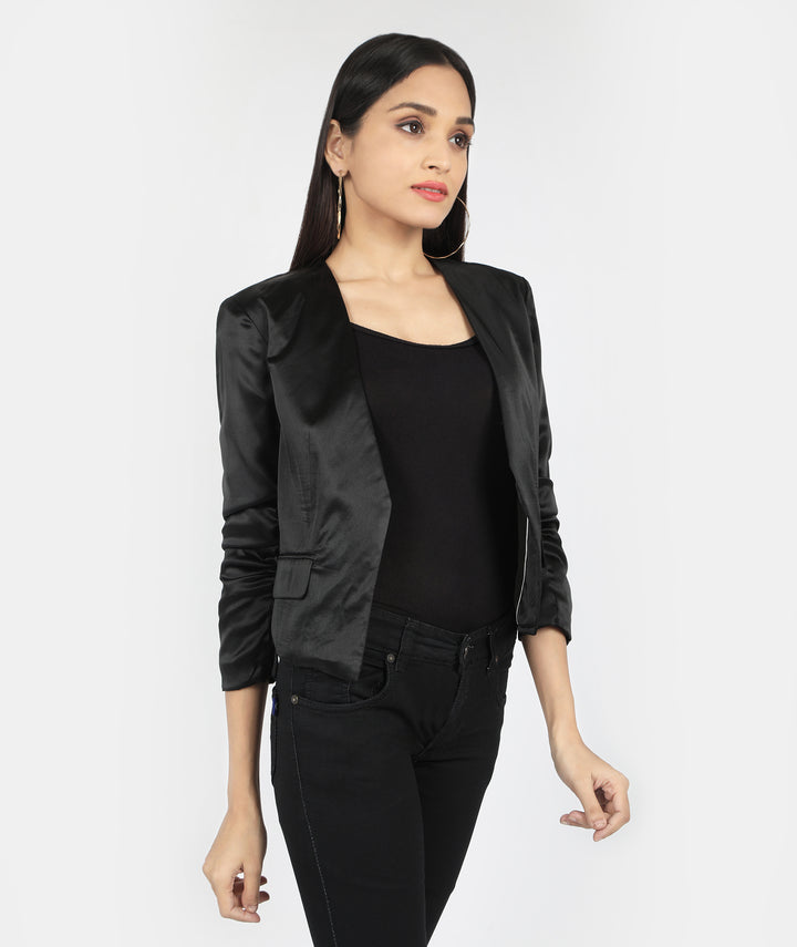 Black Satin Wrinkled Sleeve Blazer