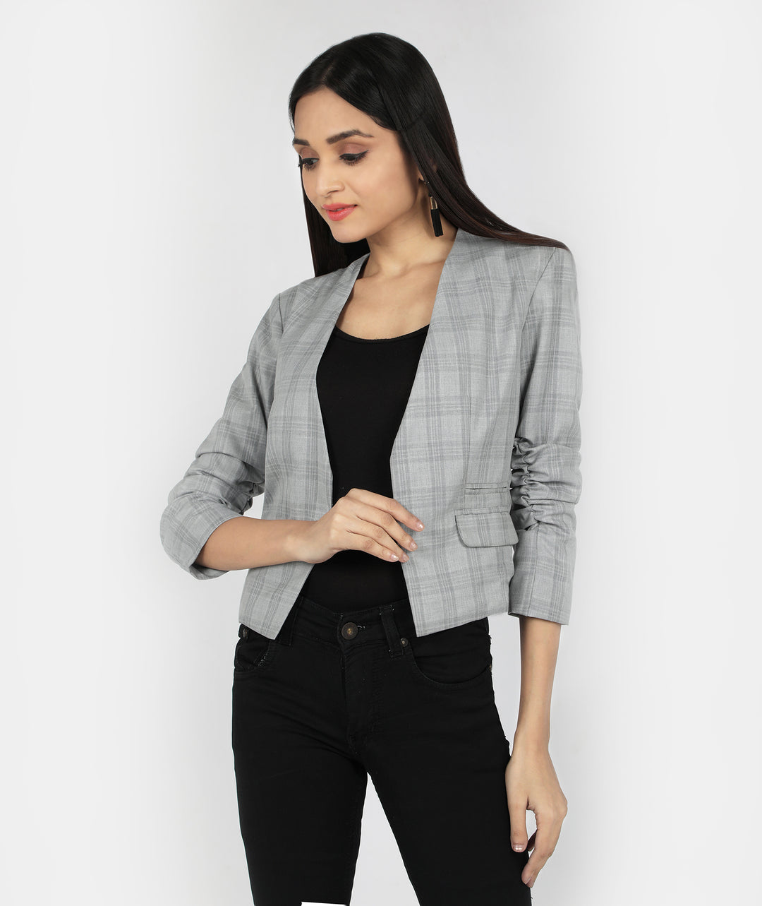 Grey Checks Wrinkled Sleeve Blazer