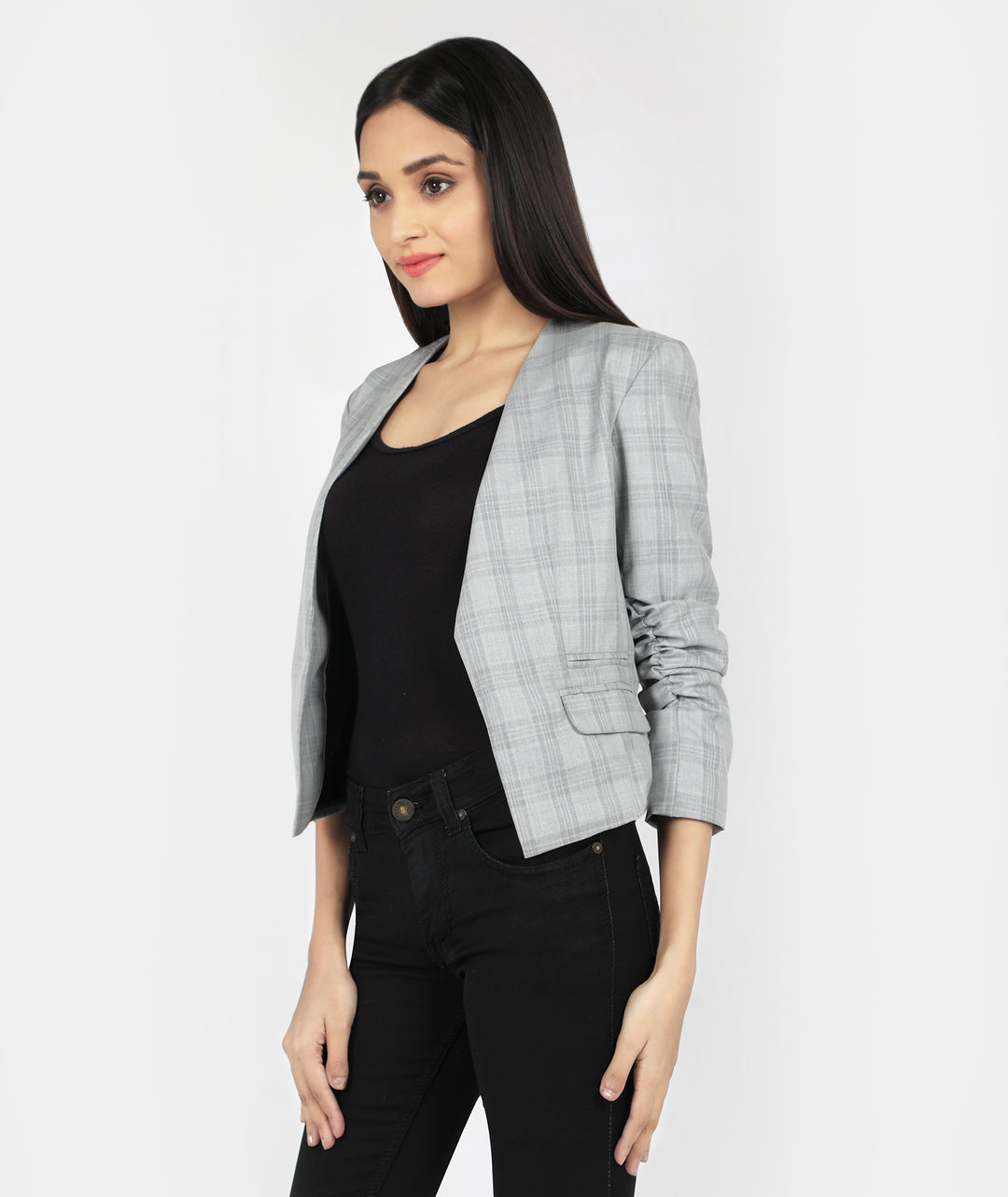 Grey Checks Wrinkled Sleeve Blazer