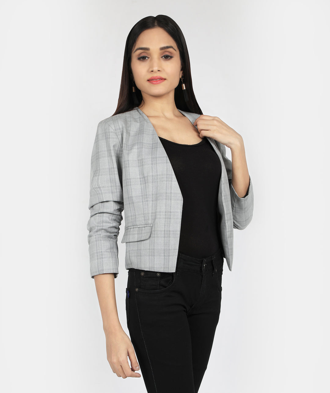 Grey Checks Wrinkled Sleeve Blazer