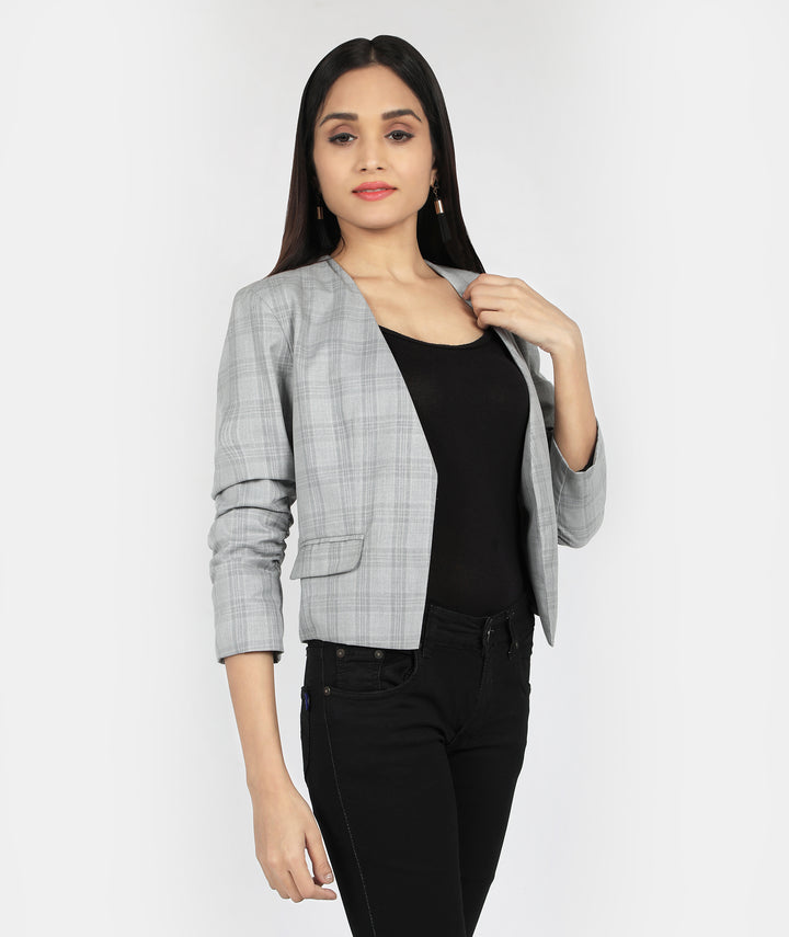 Grey Checks Wrinkled Sleeve Blazer