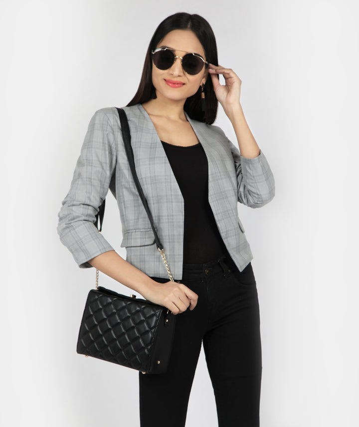 Grey Checks Wrinkled Sleeve Blazer