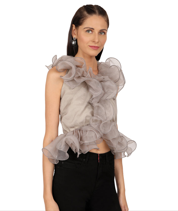 Grey Frilled Organza Top