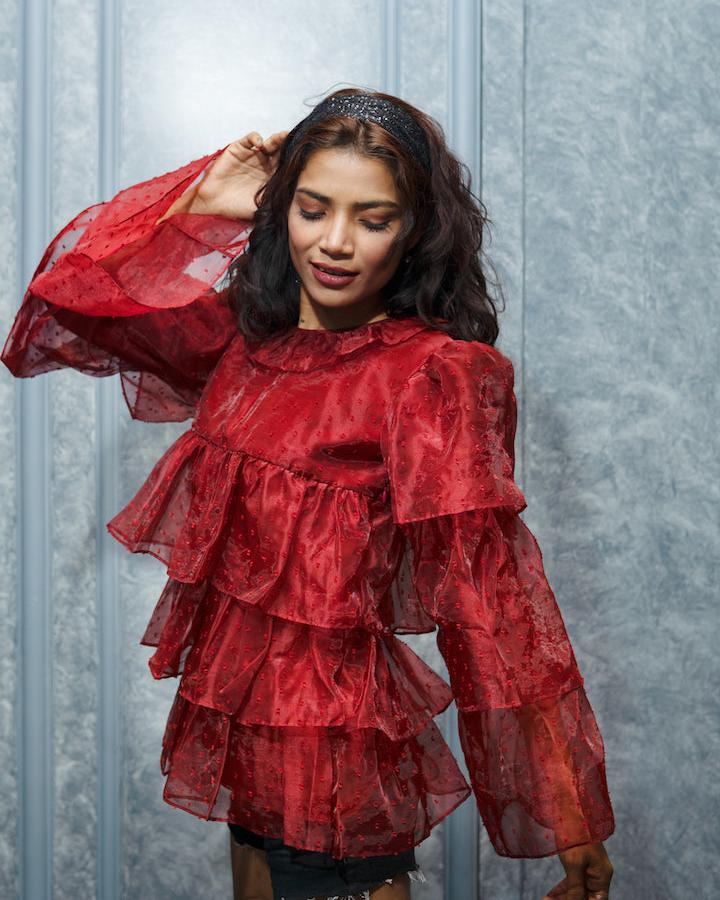 Maroon Exaggerated Ruffle top