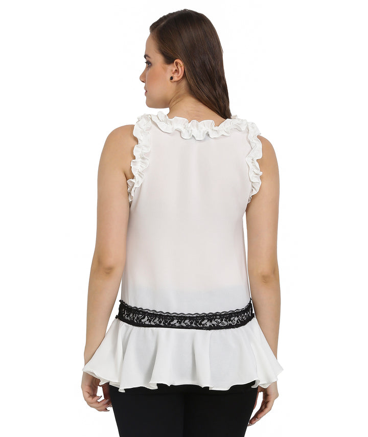 White Sleeveless Lace Frilled Top