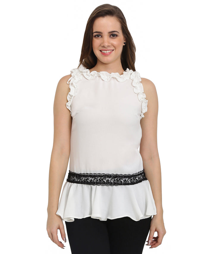 White Sleeveless Lace Frilled Top