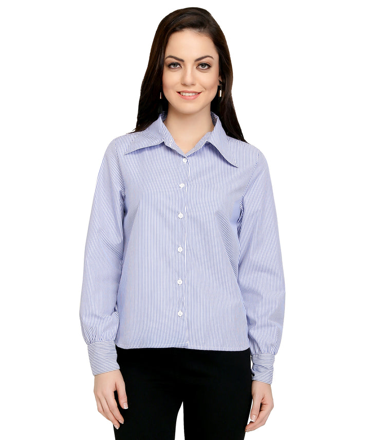 Blue button-down shirt.