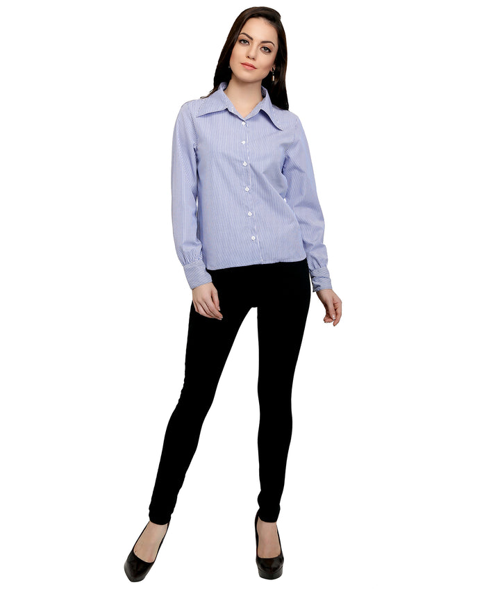 Blue button-down shirt.