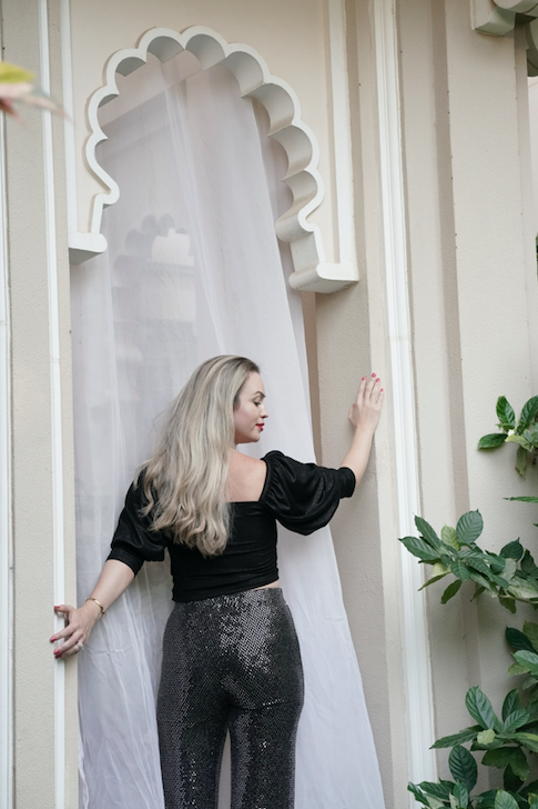 Grey Sequinned Flared Pants