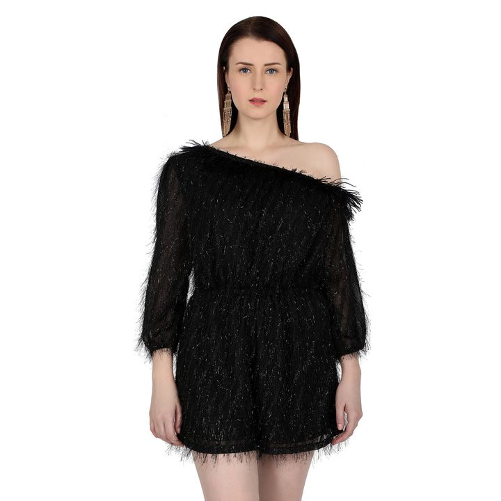 Black One shoulder feather Jumpsuit