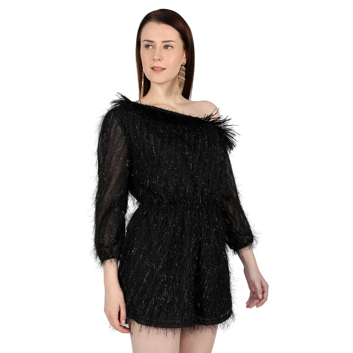 Black One shoulder feather Jumpsuit
