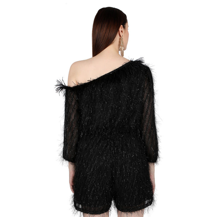 Black One shoulder feather Jumpsuit