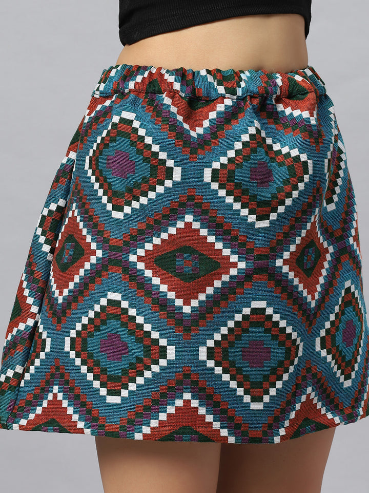 Blue Geometric Jacquard Skirt
