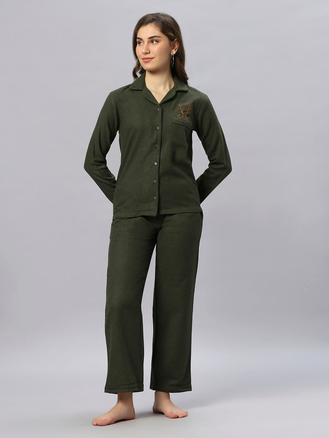 Olive Green Warm Brush Cotton Reindeer Nightsuit