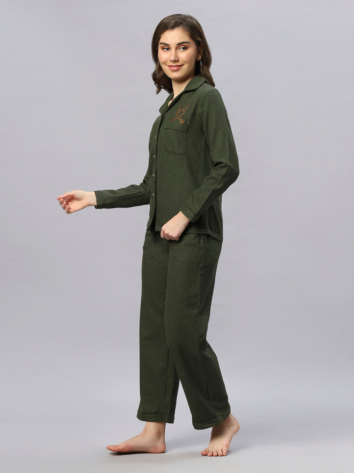 Olive Green Warm Brush Cotton Reindeer Nightsuit