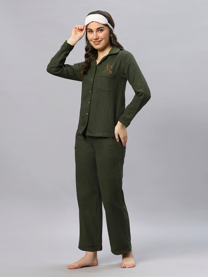 Olive Green Warm Brush Cotton Reindeer Nightsuit