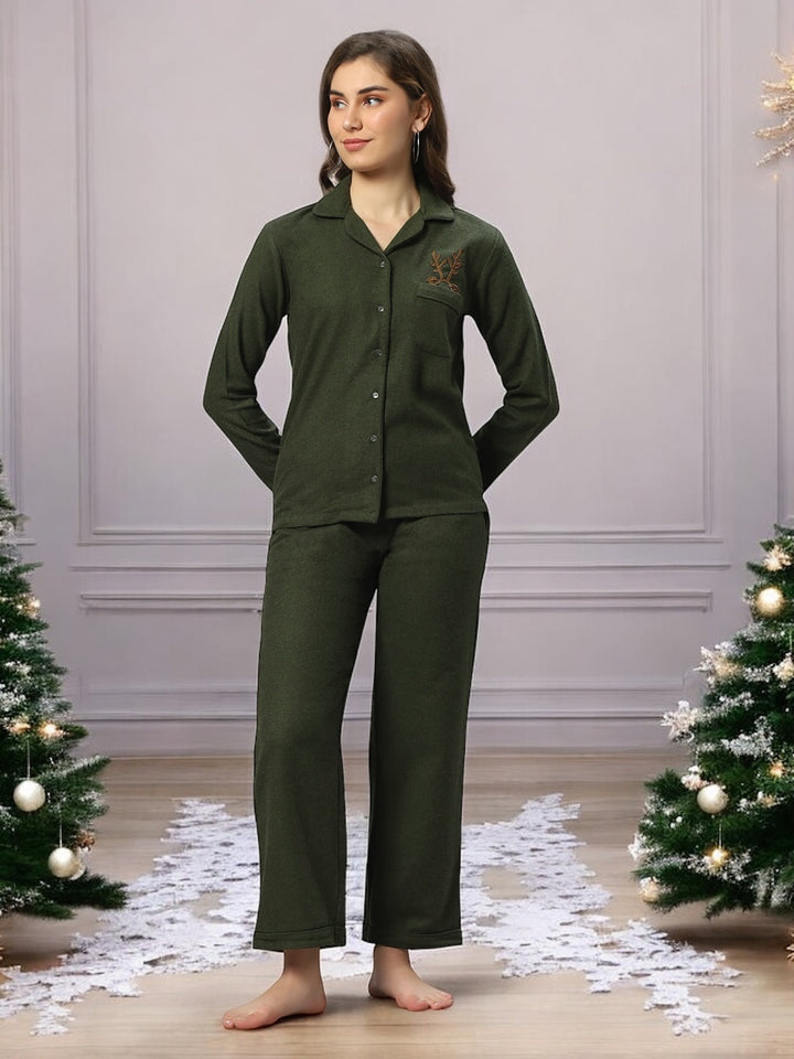 Olive Green Warm Brush Cotton Reindeer Nightsuit