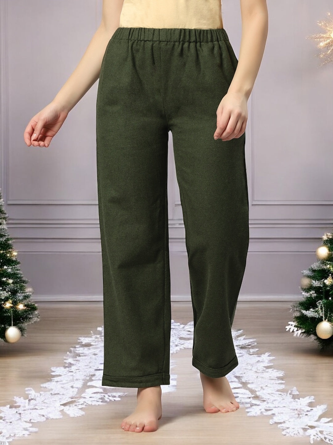 Olive Green Warm Brush Cotton Reindeer Nightsuit