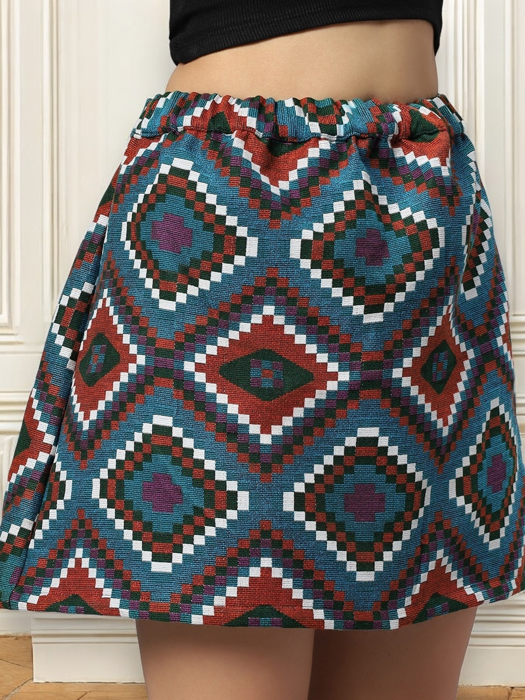 Blue Geometric Jacquard Skirt