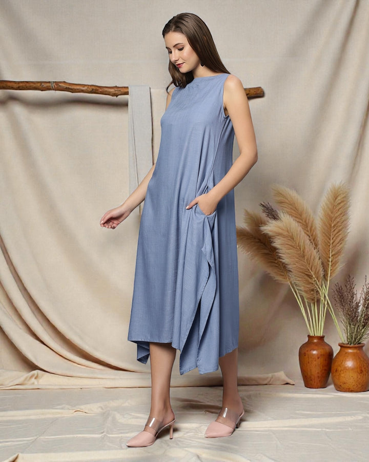 Blue Cotton High-Low Maxi Dress