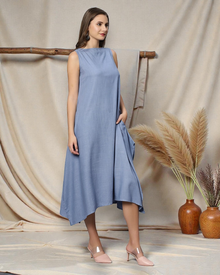 Blue Cotton High-Low Maxi Dress